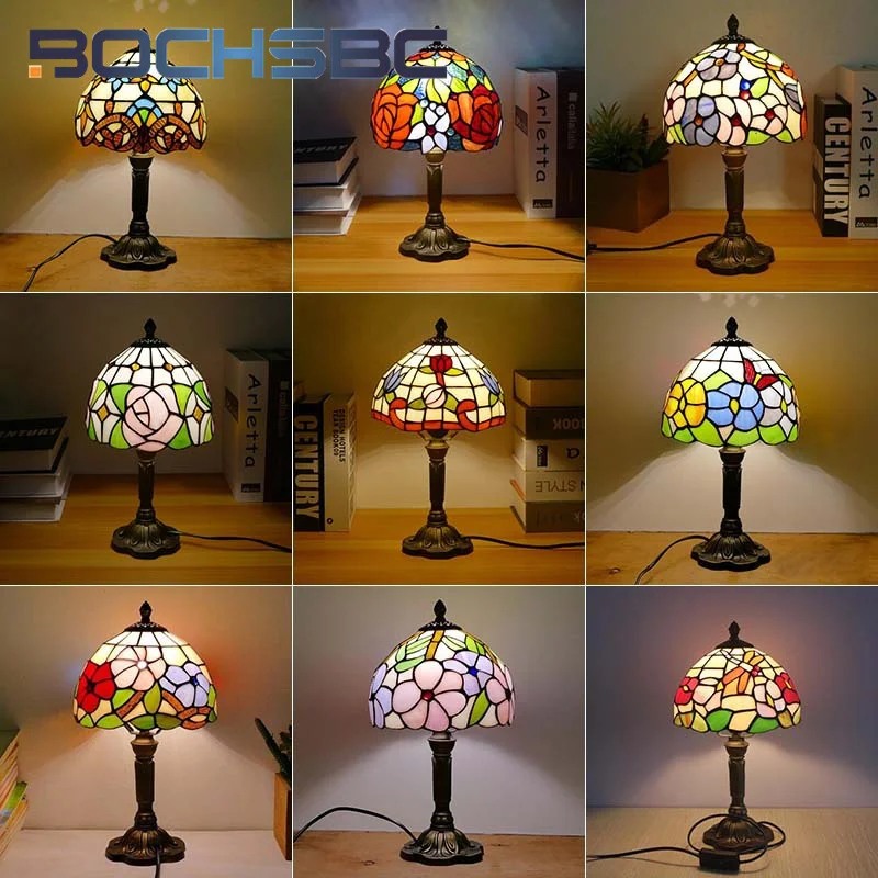 

BOCHSBC Tiffany style stained glass 8 inch garden rose romantic gift cafe desk lamp retro study bedroom bedside lamp LED decor