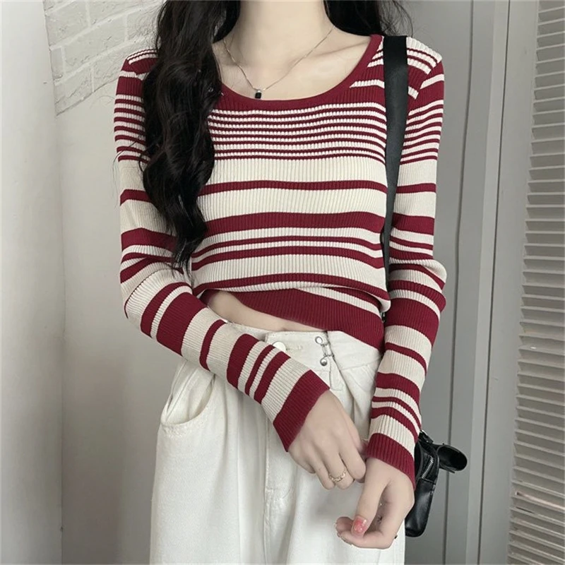 T-shirt lunga Sve a righe retrò Maglieria da donna Faion Abbigliamento interno Slim Fit Or Sle Top Primavera Autunno Stagione