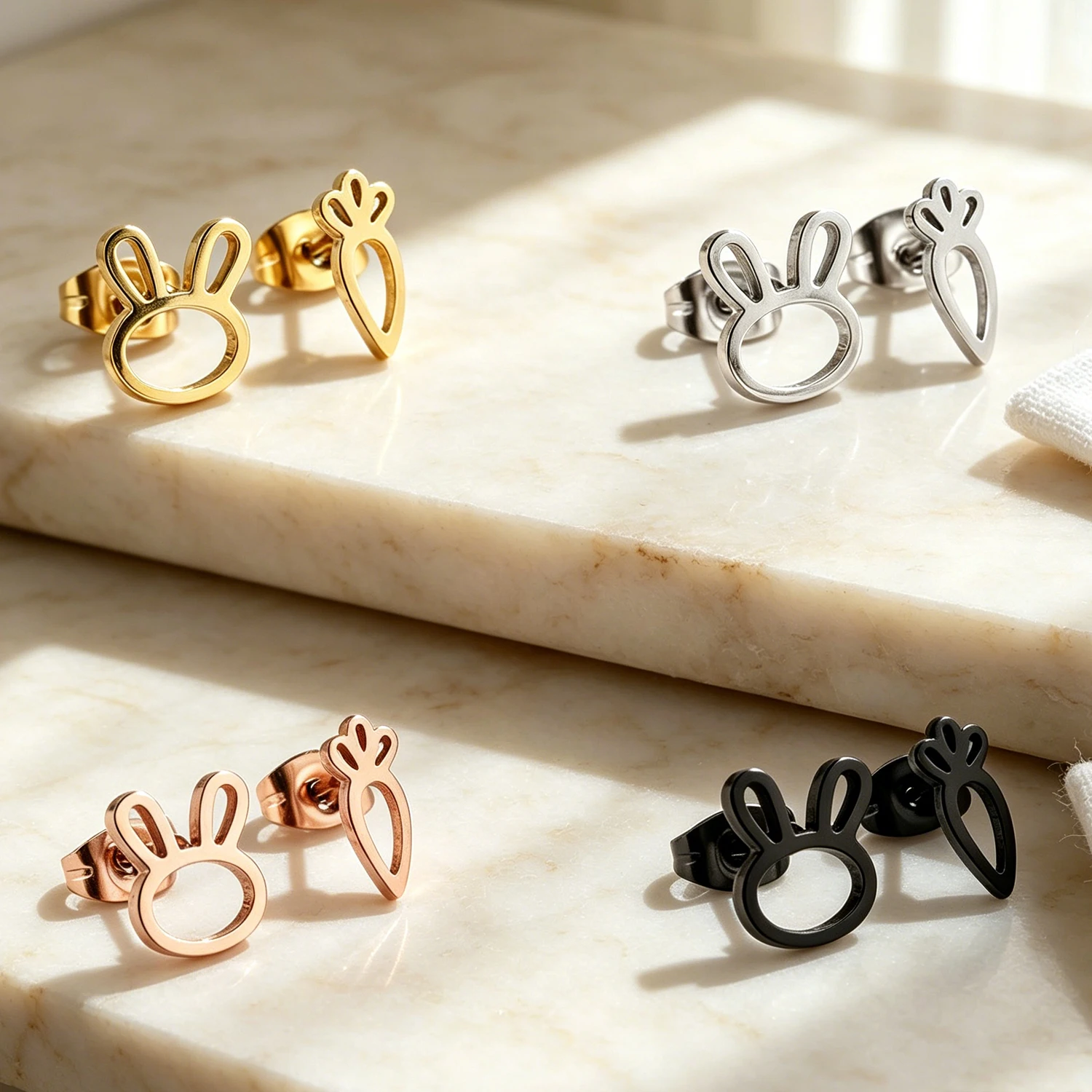 Asymmetric Rabbit Carrot Stud Earrings 316L Stainless Steel Hypoallergenic INS Cute Animal Ear Jewelry Fresh Minimalist Earrings