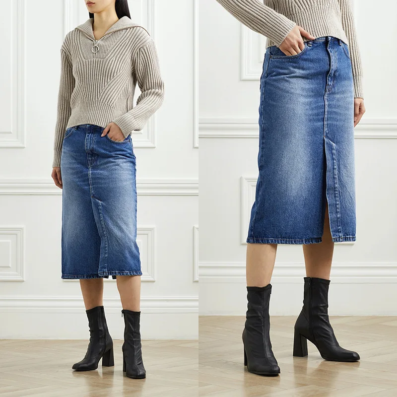 

Maxdutti Minimalist French Cotton Skin Friendly Washed Retro Blue High Waisted Slit Trimmed Denim Skirt For Women's Skirt Woman