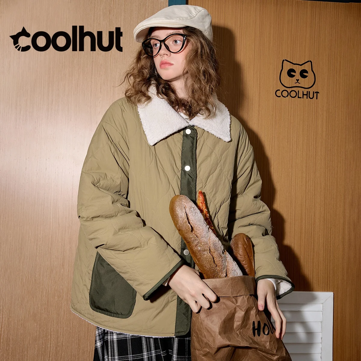 

COOLHUT 2025 Women's Winter Coats Gourd-Pattern Colorblock Short Padded Coat Oversized Winter Jacket Loose Fit Warm Cotton Parka
