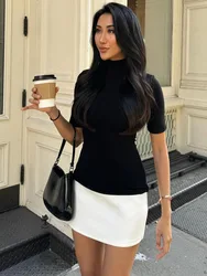 Mozision Sexy Half High Collar Half Sleeve Patchwork Mini Dress Women Slim Elegant High Waist Dress Streetwear Female Clothes