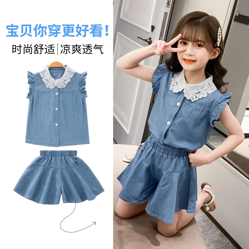 

Girls Denim Suit 2023 Summer New Baby Short Sleeve Blouse +Shorts 2 Pc Set Children Wid-leg Short Pants Kids Outfits