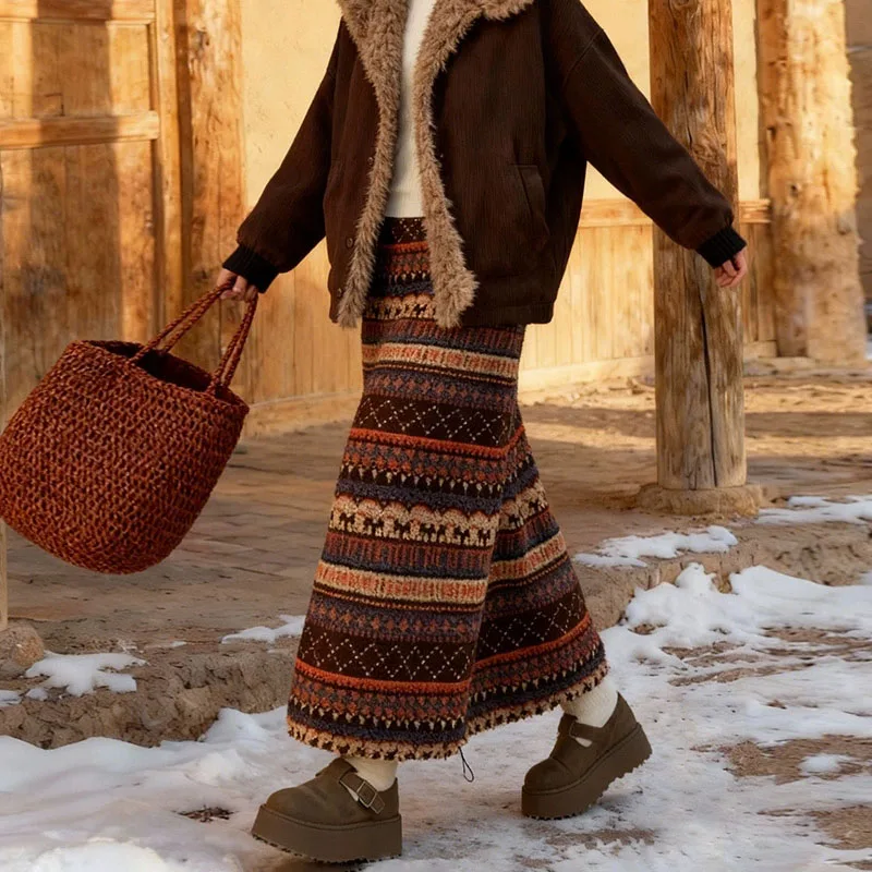 الخريف والشتاء جديد القطبية الصوف التنانير النساء خمر مخطط كتلة اللون تنورة طويلة للمرأة Y2K موضة فضفاضة ميدي التنانير #3