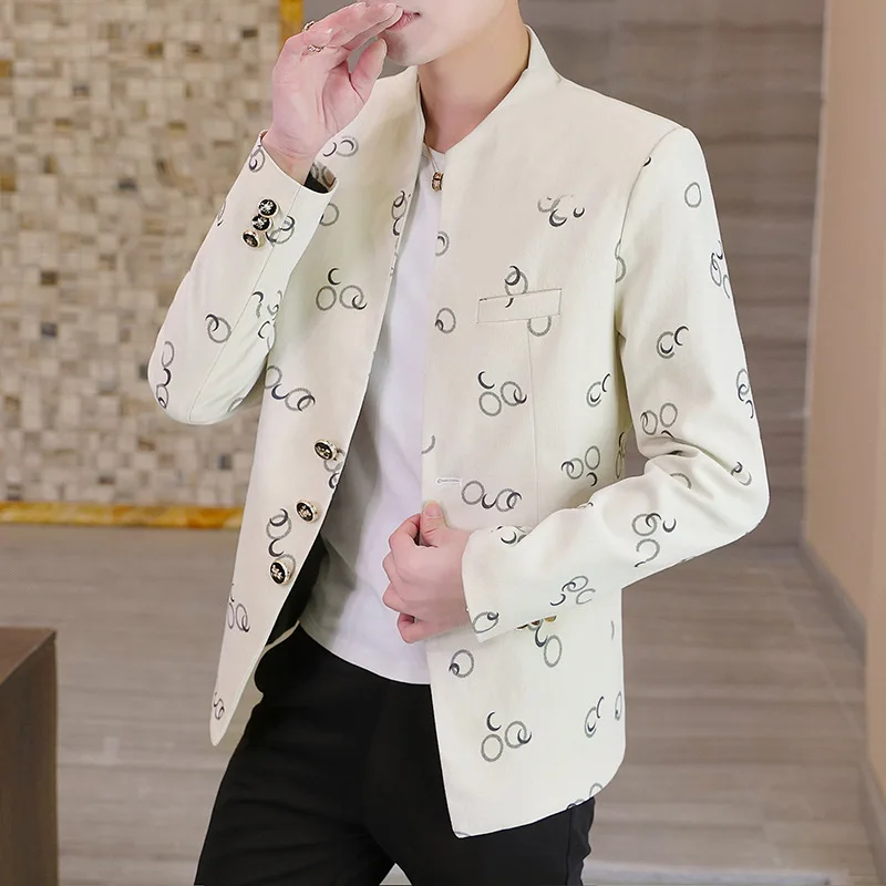 

Мужская повседневная куртка 2025 года, воротник-стойка, приталенный крой, блейзер с круглым принтом