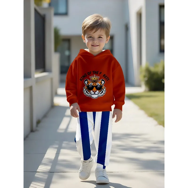 Unisex Toddler Hooded Jogger 2Pcs Tracksuit, Crown Tiger, Double KING, Dino, TNT Block, Little Man, Music Bear Kids Outfit