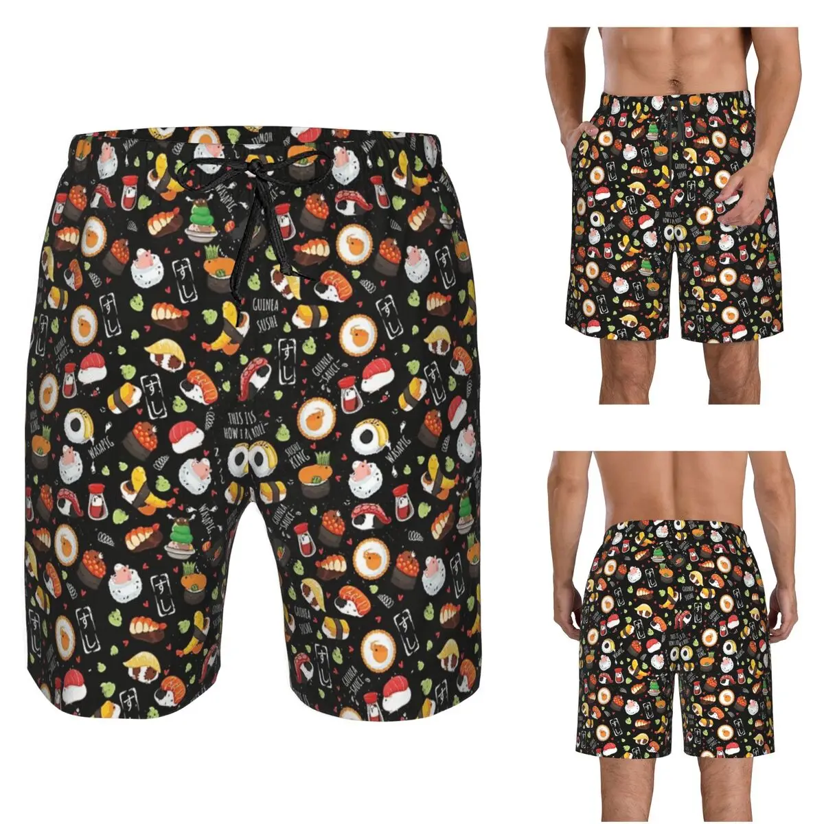 Japanese Guinea Pig Sushi - Black Background Trunks Beach Board Shorts Casual Quick Dry Swim Summer Men Pants