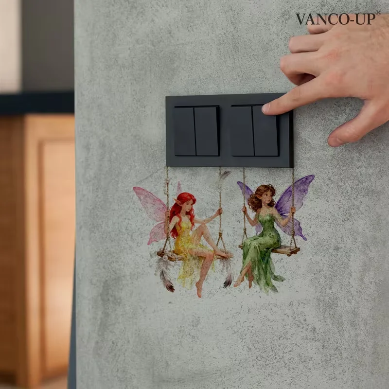 A 2D wall sticker featuring a butterfly fairy dancing on a swing, self-adhesive home decoration switch sticker