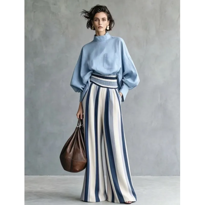 Color Blocked Striped Printed Two-piece Set Women's Autumn Fashion Stand Up Collar Short Top With Wide Leg Pants Office Outfit