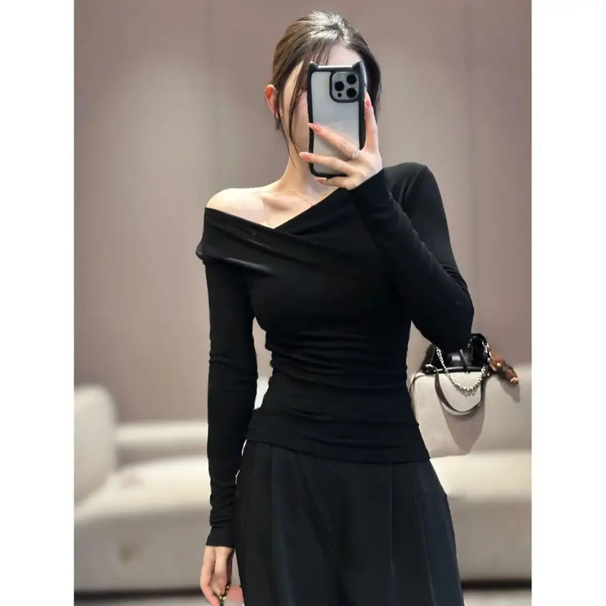 Slimming  Color T-Shirt Women's Sleeveless Asymmetrical Shoulder Design High Waist Effect Advanced Feeling Spring Autumn