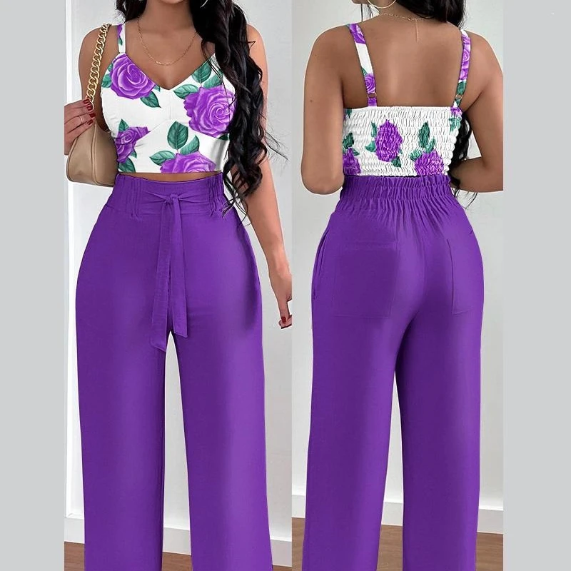 2023 Spring and Summer New Women's Two-piece Fashion Suspender Cut Top Lace-up Wide Leg Straight Trousers Casual Pants Set