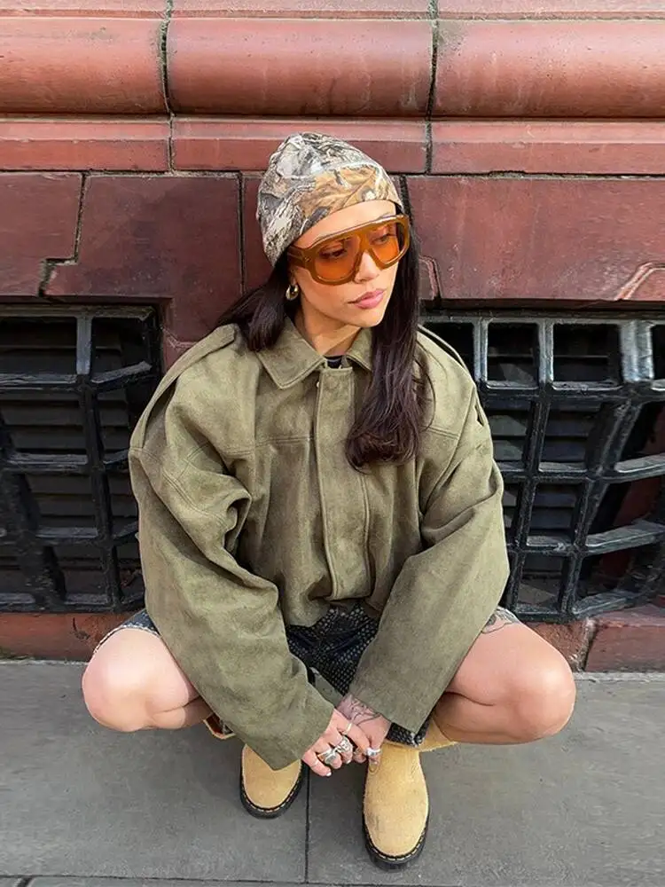 

Fashion Women's Suede Zipper Turn-Down Collar Oversize Bomber Jacket Female High Street Lady Long Sleeve Chic Outwear