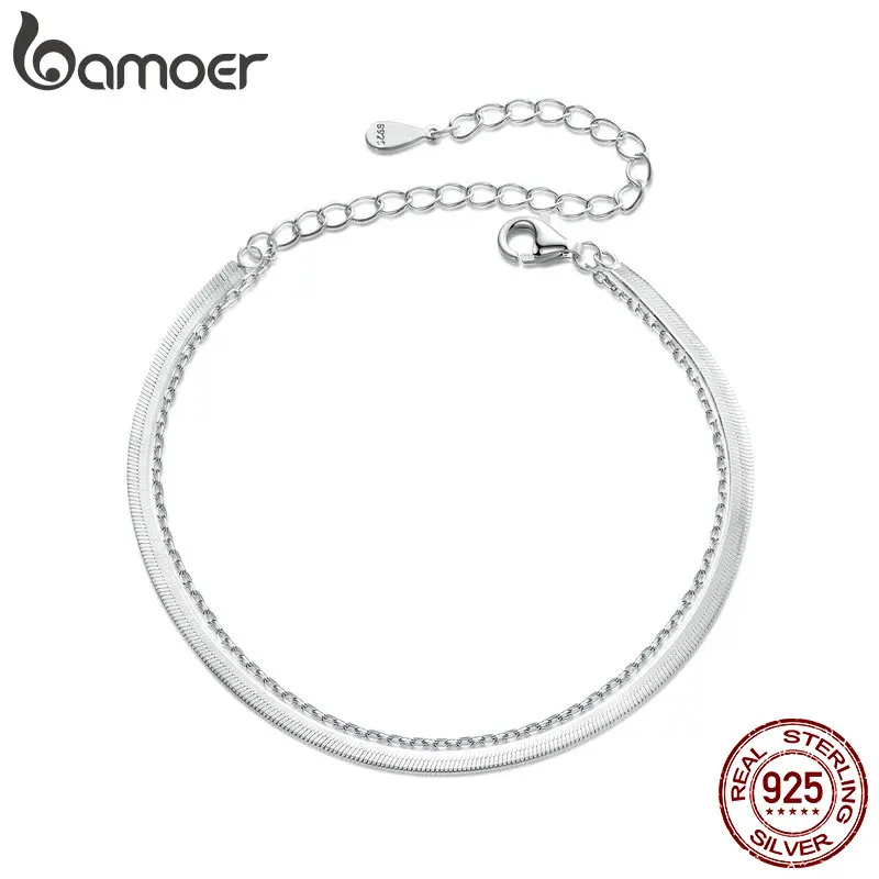 BAMOER 925 Sterling Silver Snake Chain Layered Bracelet, White Gold Filled Dainty Herringbone Elegant Chain Bracelet for Women