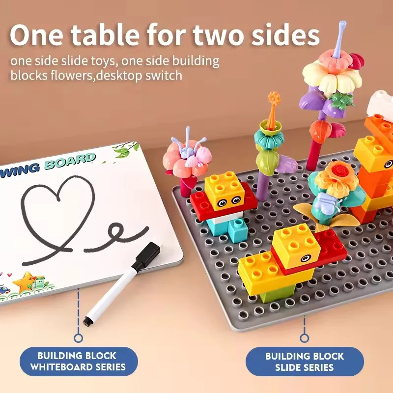 Multifunctional cartoon mini building block table with drawing board 2-in-1 set plastic large block assembly