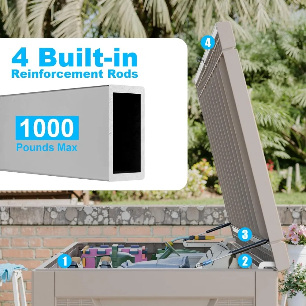 Caixa de armazenamento exterior com tampa para almofadas de pátio, ferramentas de jardim, suprimentos de piscina, caixa de resina de deck grande com capacidade de 260 galões