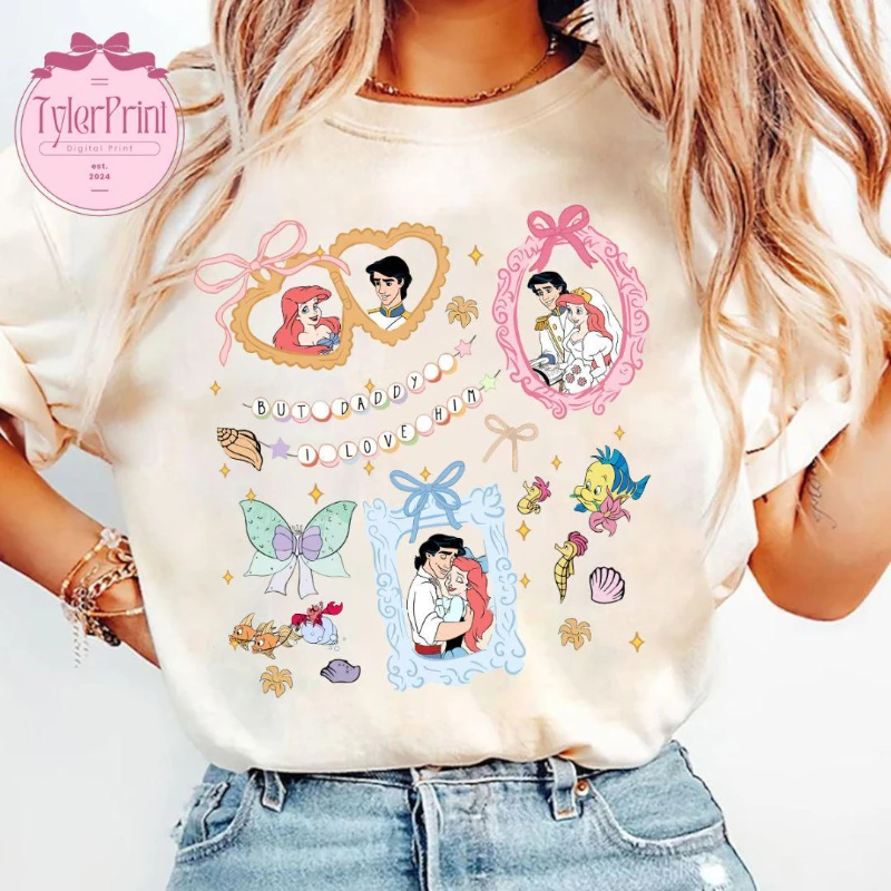 

Рубашка Potdemiel Retro Coquette Disney Princess, укороченный топ Ariel Baby Tee, футболка с надписью But Daddy I Love Him, футболка с браслетами Disney