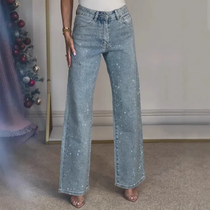 High Waist Rhinestone Washed Jeans, Straight Slim Casual Fit Jeans, Sexy Hip Chic Vintage Jeans, Luxury Glitter Casual Trousers