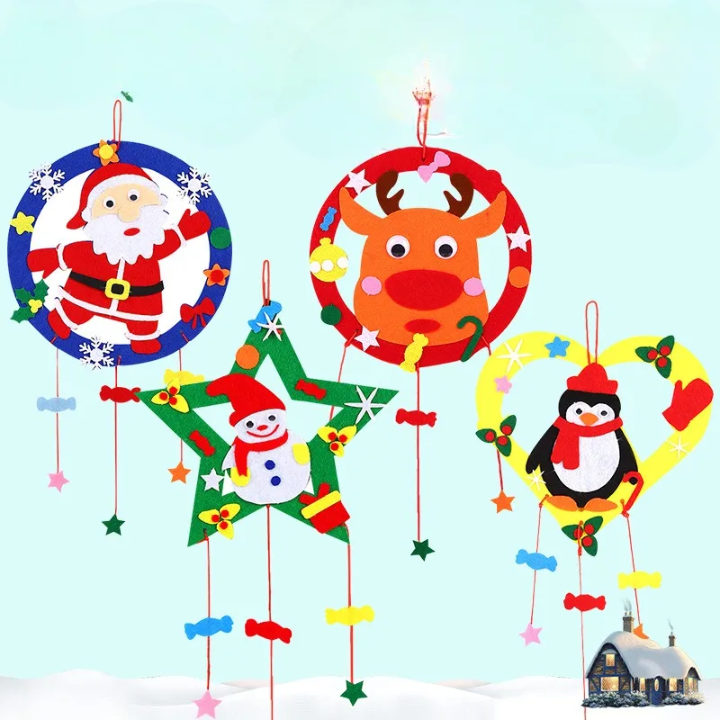 1Pc DIY Christmas Wind Chime Craft Kits Toy for Kids Handmade Christmas Wreath Children Toys Cartoon Windbell Hangings Crafts