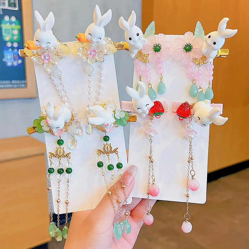 Children\'s Ancient Style Super Fairy Hairpin Hanfu Accessories Step Shaking Tassel Rabbit Pair Clip Ancient Costume Headdress