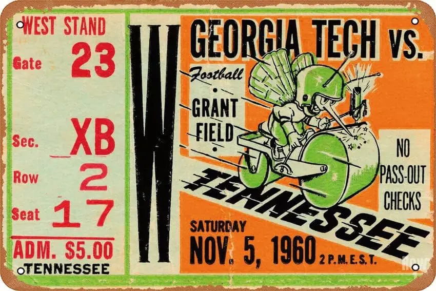 1960 GEORGIA TECH VS. TENNESSEE poster Vintage Metal Tin Signs Modern Wall Decoration for Bedroom Office Home Wall Home Roo sign