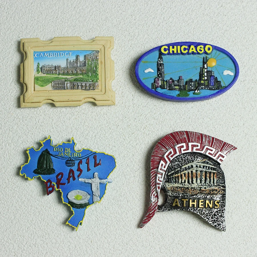 Tourist souvenirs refrigerator stickers from around the world, home decor items from Cambridge, Chicago, Brazil, Athens