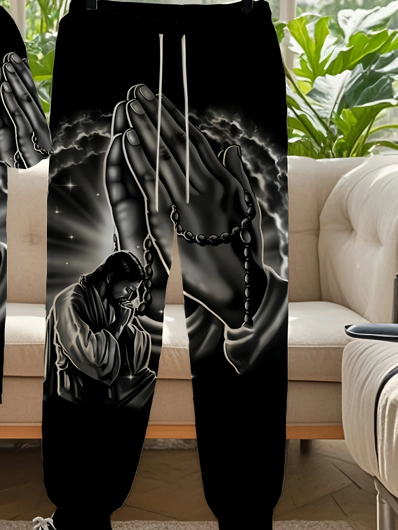 American Street ฤดูร้อนผู้ชายสวดมนต์พิมพ์รอบคอเสื้อยืดกางเกงชุดพักผ่อนกลางแจ้ง High Street ชุด 2 ชิ้น