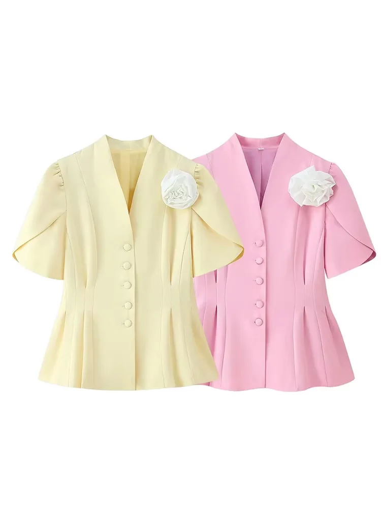 HH Frauen Herbst V-ausschnitt einreiher Kurzen Ärmeln Blazer Top Weibliche Chic Plissee 3D Blume Vintage 2-Farbe jacke Mujer