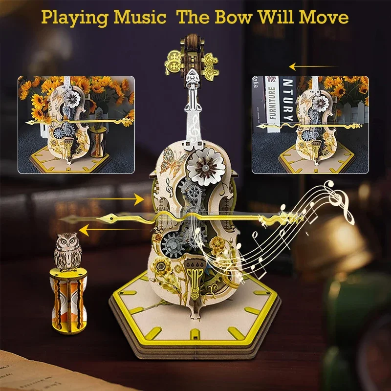 Magic Cello Music Box,3D Wooden Puzzle Mechanical Music Box Kit With Base,Handmade DIY Toys,Birthday Gift For Child Men Women