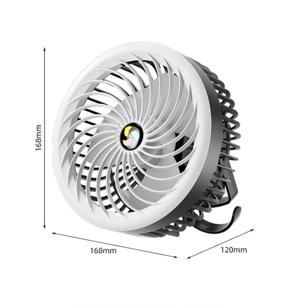 USB Rechargeable Fan with Hanging Capability Dimmable Light and Three Wind Intensities for Indoor Outdoor Setup