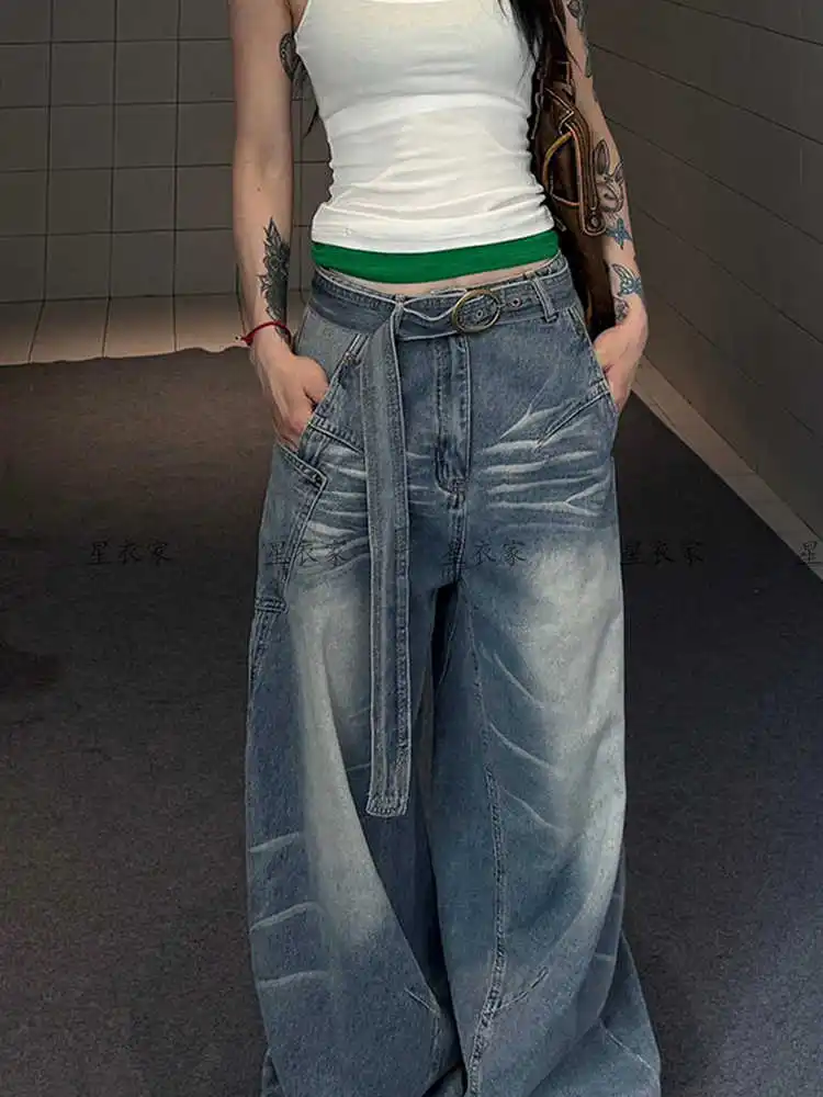 

Women's Baggy Calf Length Cargo Jeans Harajuku Y2k Boyfriend Denim Trousers Japanese 2000s Oversize Jean Pants Vintage Clothes