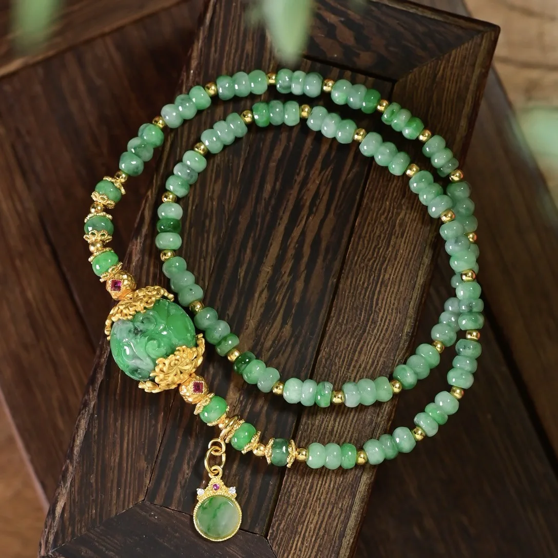 Natural Grade A Jadeite Carved Ball Double Loop Bracelet Gold Plated S925 Silver Chinese Women Wrist Jewelry