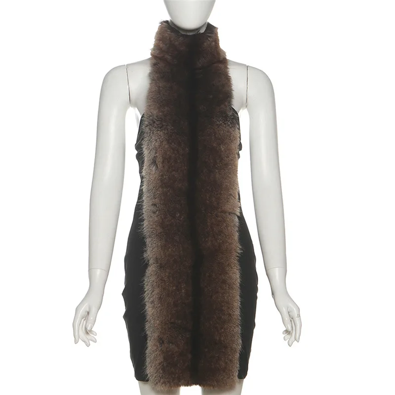 Donna Halter Dolcevita con spalle scoperte Backless Strano Puss Fluff Patchwork Abito Skinny Peach Hip Hottie High Street Style Aderente