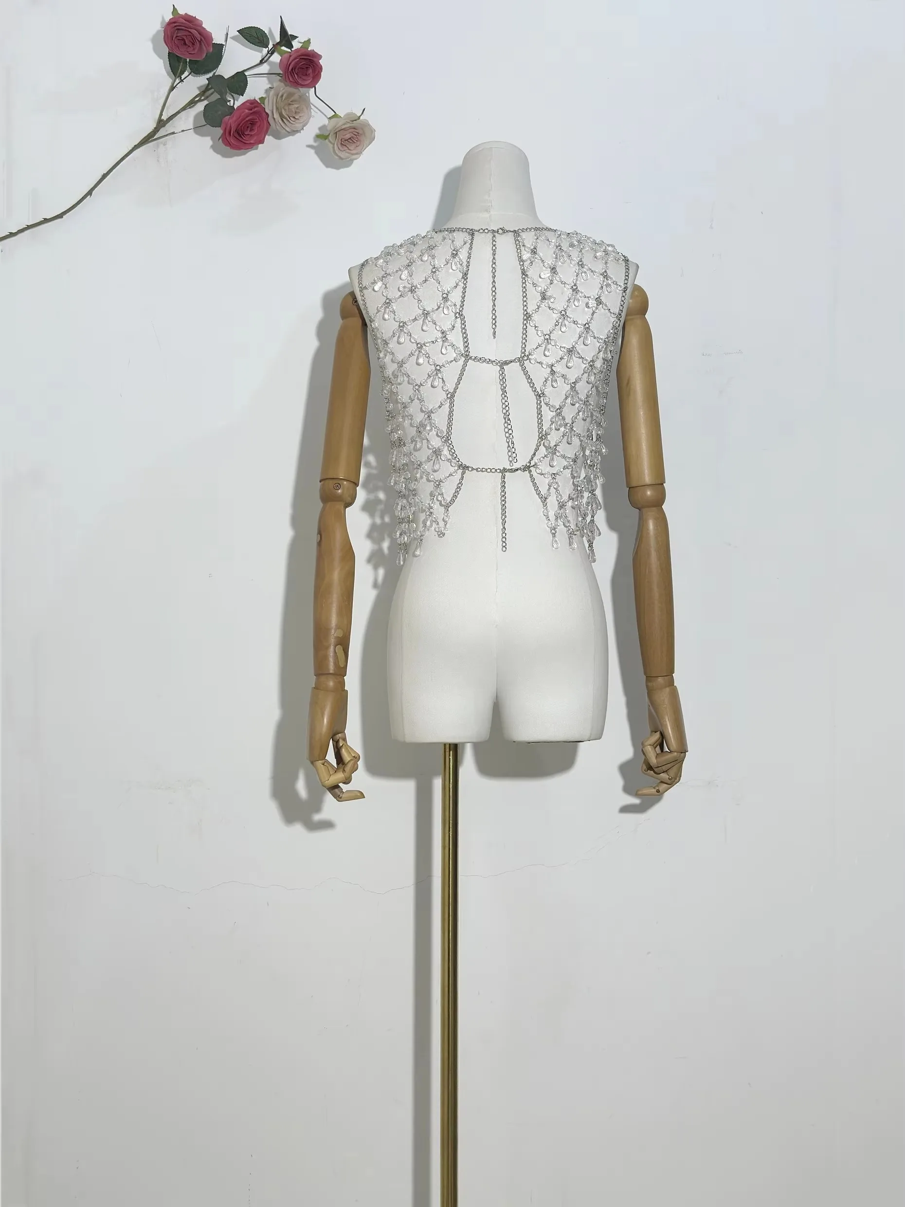 New Acrylic Beaded Hot Girl Body Chain Cover Light Luxury Hanging Neck Hollow Outer Top Beach Party Beaded Top