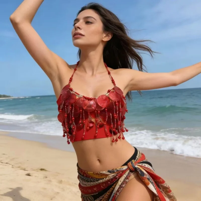 Handgefertigtes Funkelndes Meeresfeen-Top-Kostüm für Frauen, Bauchtanz-Outfit mit Grünen und Roten Perlen, Pailletten-Besetztes Oberteil, Rave-Outfit, Perlen-BH-Oberteil – Detail 11