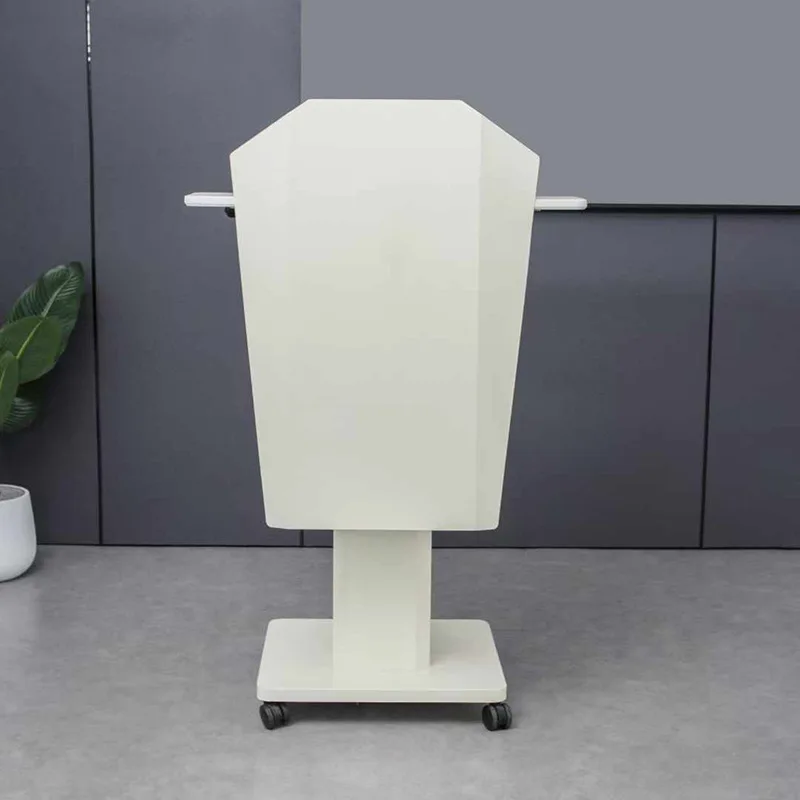 โต๊ะยกไฟฟ้าสีขาว แท่นบรรยายแบบเรียบง่าย โต๊ะบรรยายเหล็กและไม้ โต๊ะประชุมเคลื่อนที่สำนักงาน แท่นบรรยายขนาดเล็ก