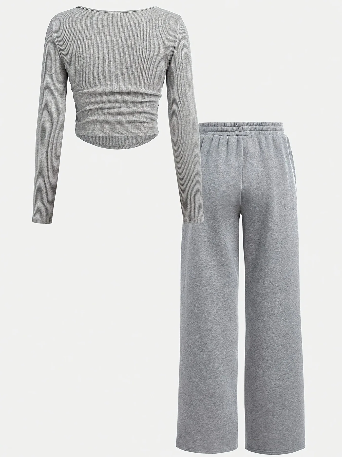 Girls 2 Piece Y2K Streetwear Set Square Neck Ruched Ribbed Top High Waist Textured Wide Leg Pants, Heather Gray Casual Cozy
