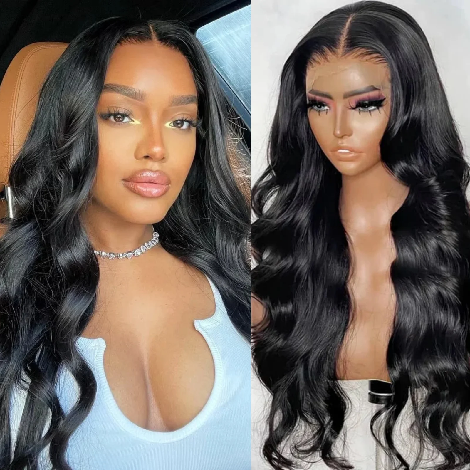 Jet Black Loose Body Wave Wig Synthetic Lace Front Wig Long Curly Wavy Natural Colored Hair 13X4 Frontal Wigs for Women Daily