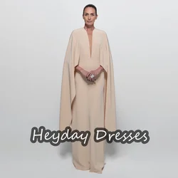 Heyday Crepe A-line V-neck Ruffle Saudi Simple Prom Gown Long Sleeves Floor Length Elegant Evening Party Dresses For Women 2024