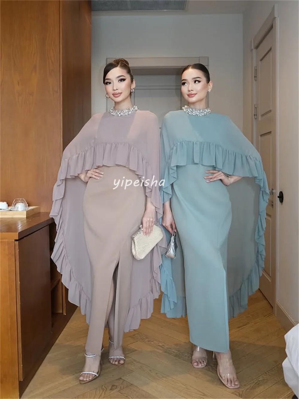 Abiti da cerimonia personalizzati di alta qualità alla moda con perline e pieghe, collo alto dritto, alla caviglia, abiti da cerimonia su misura classici
