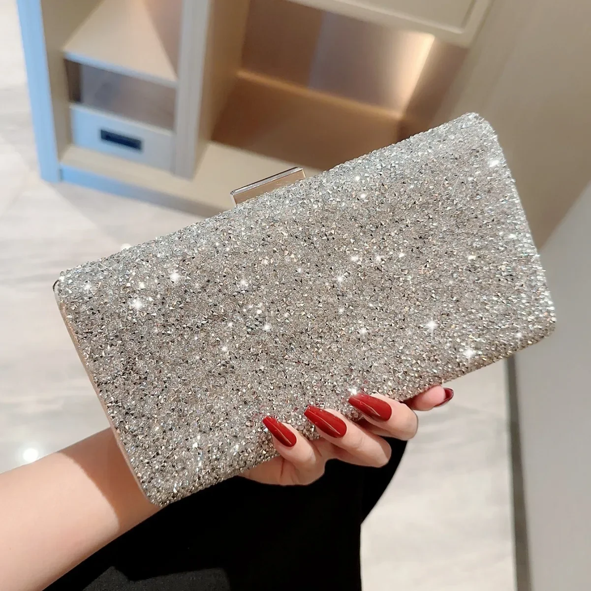 Shining Silver Drill Evening Bags Ladies Wedding Banquet Clutches Party Handbag Clutch Silver Color Chain Shoulder Bag For Women