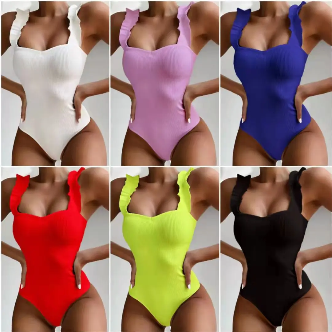 Gossina 2024 New Sexy Female Swimsuit Vintage One Piece Ruffled Push Up Solid Red Swimwear Women Monokini Padded Bathing Suits