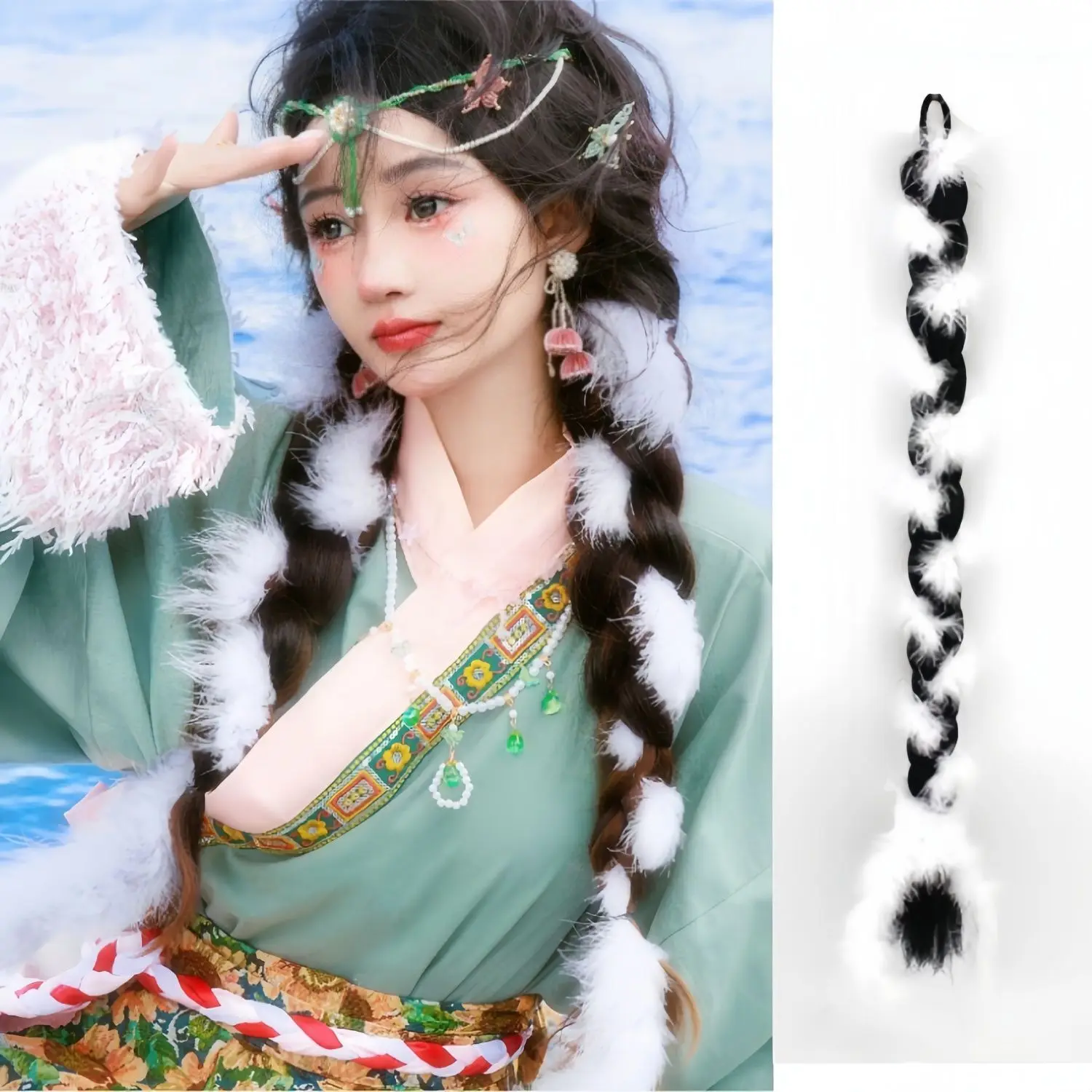 Tibetan Minority False Long Braid Hairy Braid Tibetan Mongolian Decoration Headdress Easy To Use Winter Fluffy Warm Cute