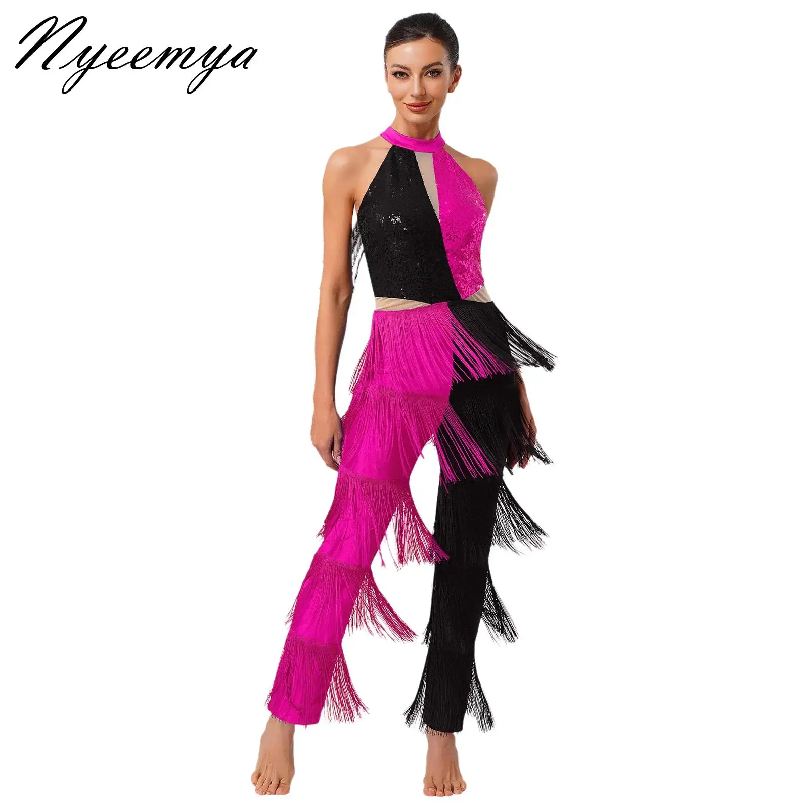 

Womens Latin Dance Cha-cha Samba Salsa Costume 70s Disco Tassel Jumpsuit Fringe Long Pants One Piece Stage Outfits Clubwear