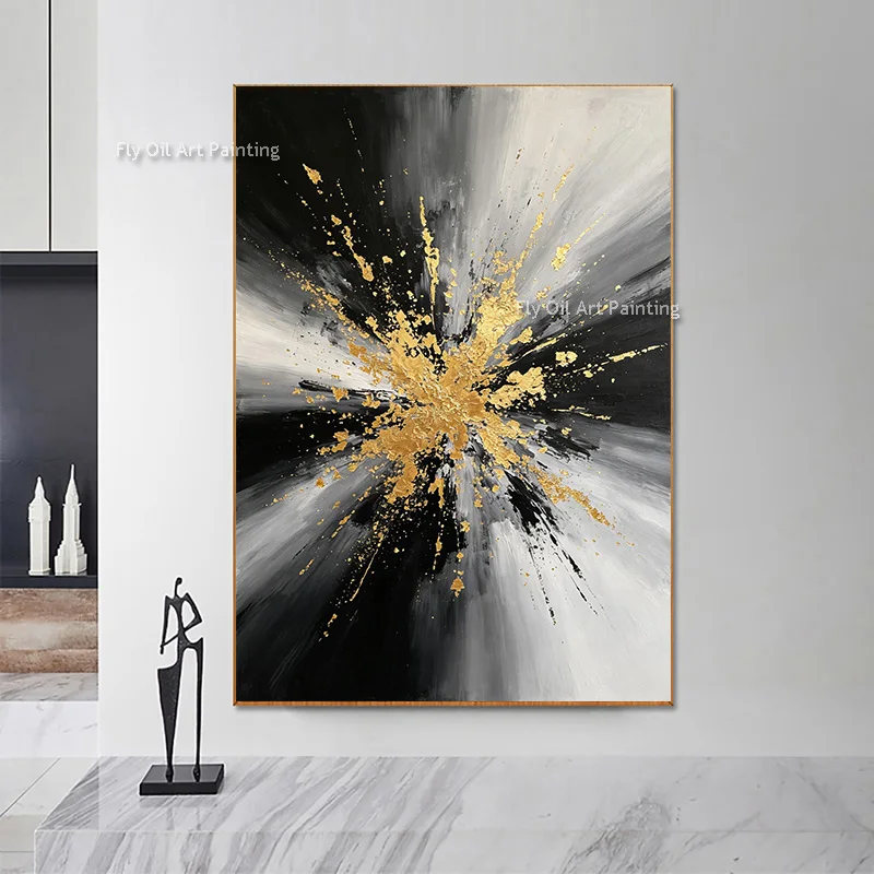 Textured Hand Painted Abstract Canvas Oil Painting Black White Gold Leaf Burst Art Luxury Modern Vertical Wall Art for Interior