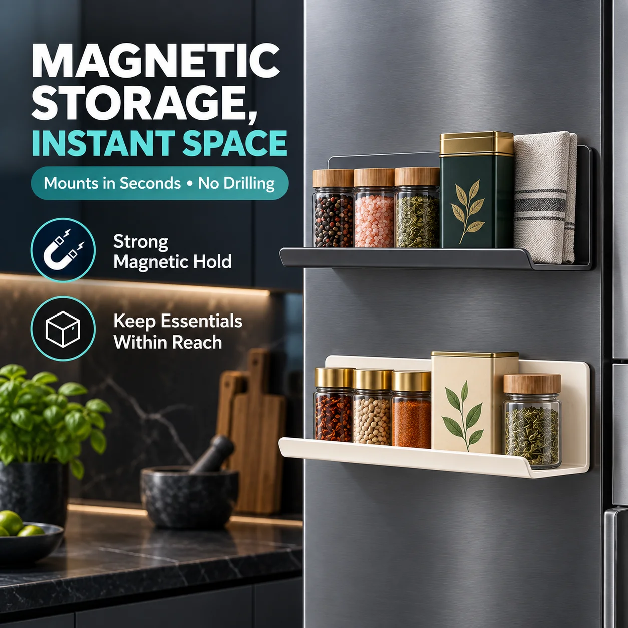 Refrigerator Condiment Organizer Magnetic Punch-free Storage Holder Wall Mount Spice Shelf Kitchen Fridge Side Storage Rack