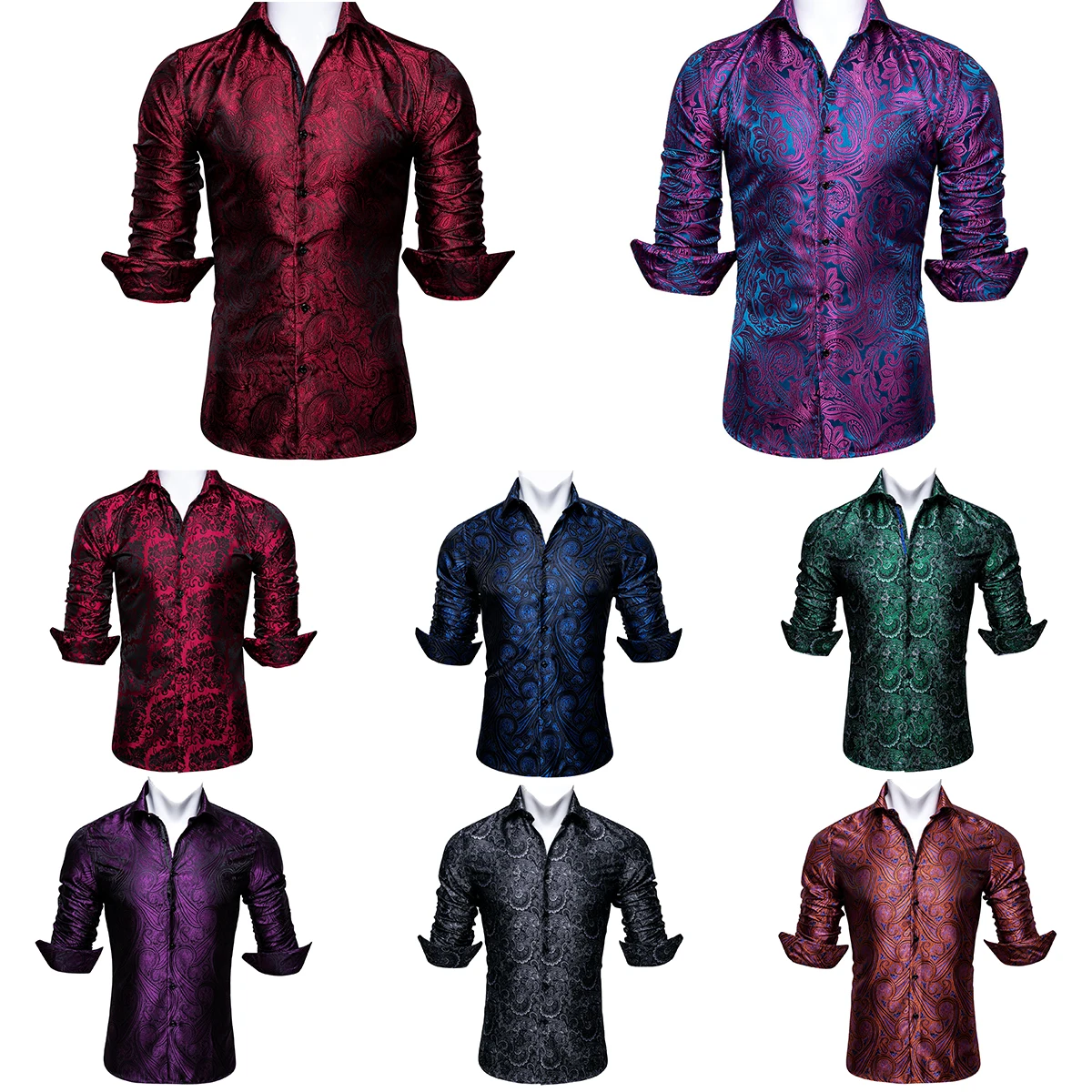 Luxus Silk Mens Shirts Rot Blau Schwarz Grün Lila Gold Weiß Grau Paisley Blume Langarm Regelmäßige Slim Fit Casual blusen