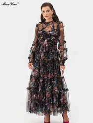 MoaaYina Fashion Designer Spring Women's Dresses Puff Sleeve Printing Floral Ruched Office Lady Style Party A-LINE Empire Dress