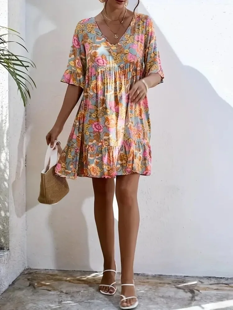 Plus Size Women Summer Floral Print Dress Clothes Casual Short Sleeve Loose Ruffle Hem Beach Party-Dress Popular Bohemian Style