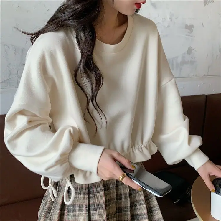 

Cropped Sweatshirts Women Long Sleeve Autumn Clothing All-Match Drawstring Elegant Solid Casual Streetwear Cute Sweet 2023