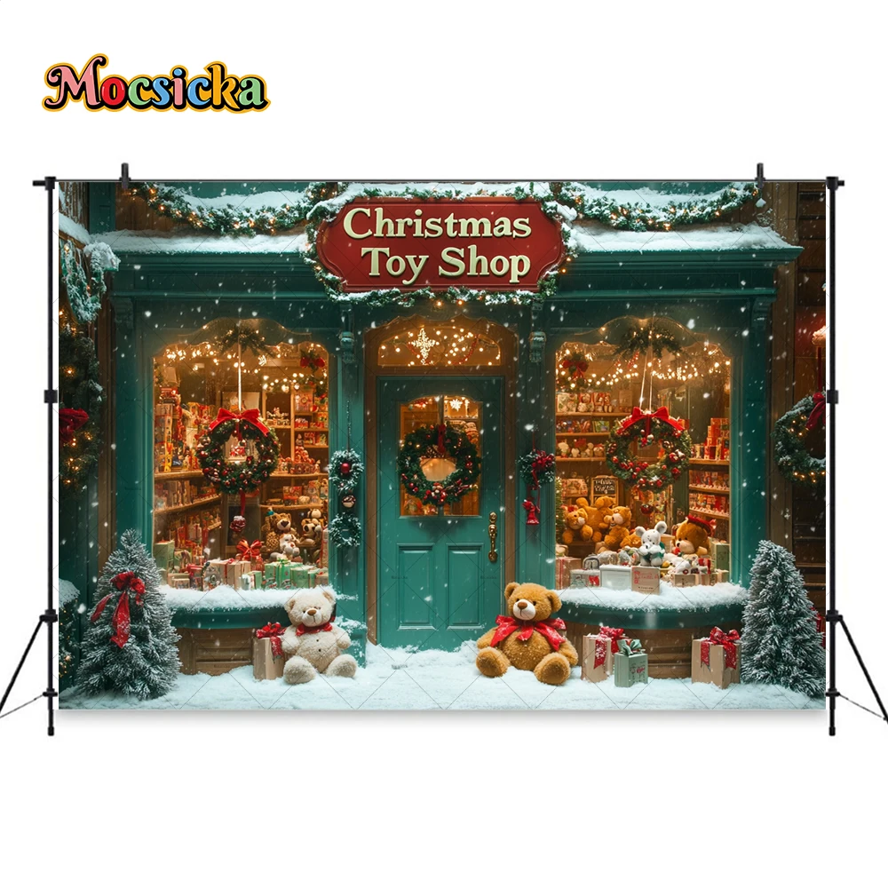 Green Christmas Shop Background Photography Glitter Santa Gift Workshops Toy Bear Backdrop Decor Winter Snowy Kids Photo Studio